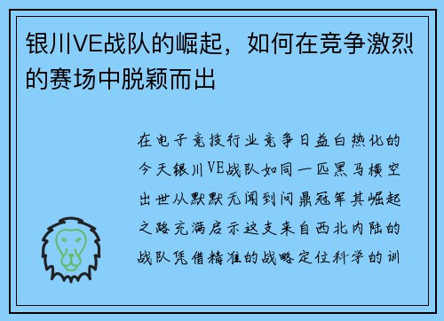银川VE战队的崛起，如何在竞争激烈的赛场中脱颖而出