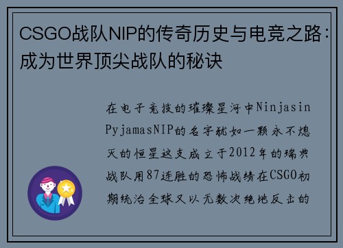 CSGO战队NIP的传奇历史与电竞之路：成为世界顶尖战队的秘诀