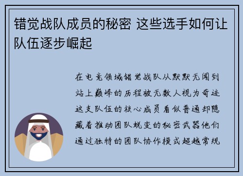 错觉战队成员的秘密 这些选手如何让队伍逐步崛起