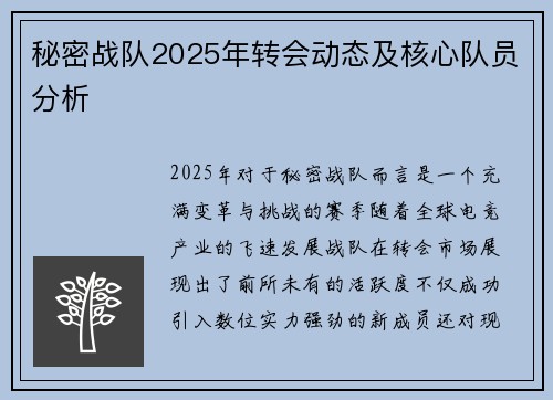 秘密战队2025年转会动态及核心队员分析