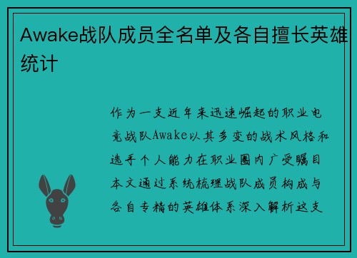 Awake战队成员全名单及各自擅长英雄统计