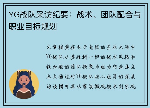 YG战队采访纪要：战术、团队配合与职业目标规划
